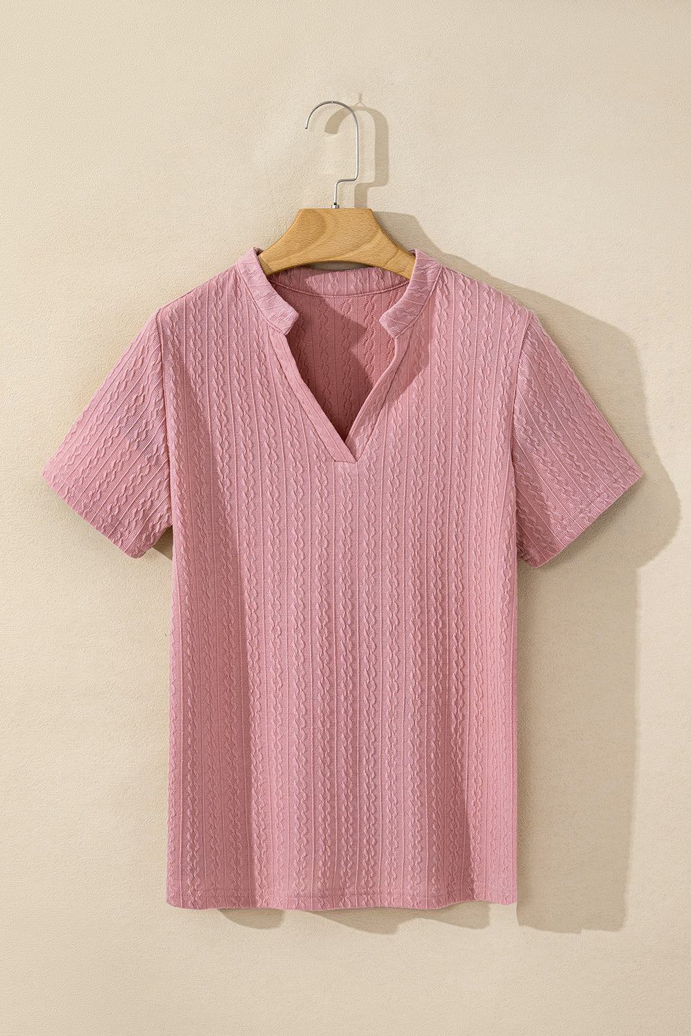 Pink Twisted Textured V Neck Short Sleeve Top