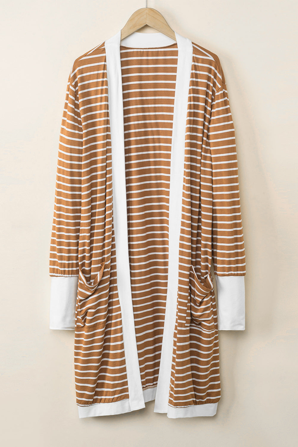 Brown Striped Side Pockets Open Front Cardigan