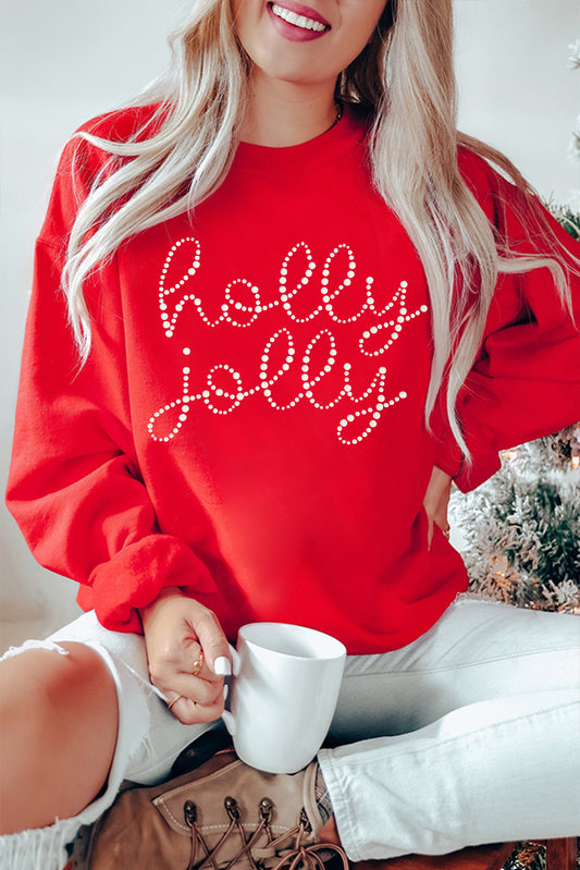 Red Christmas holly jolly Ceramic Rhinestone Letter Graphic Sweatshirt