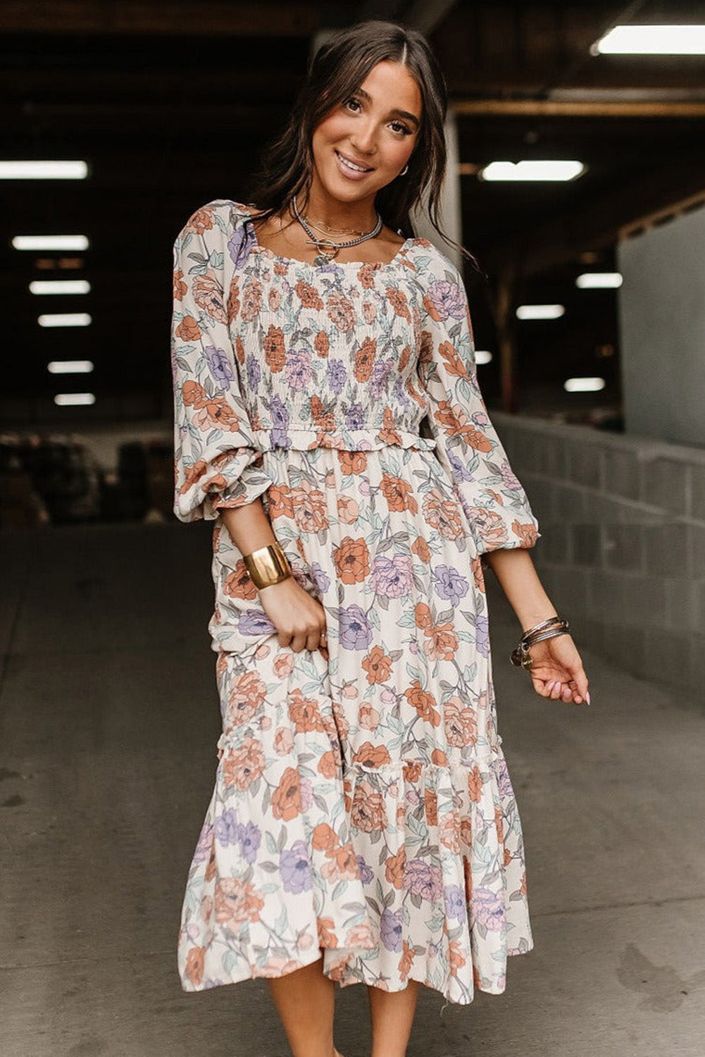 Multicolor Floral Smocked Long Sleeve Pocketed Dress