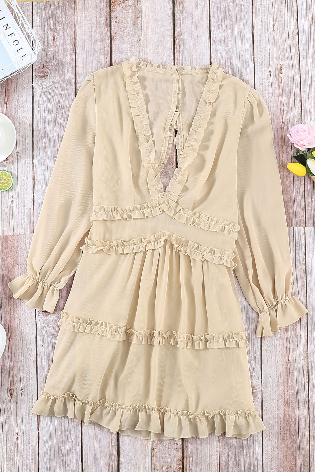 Beige V Neck Ruffle Detailing Open Back Dress