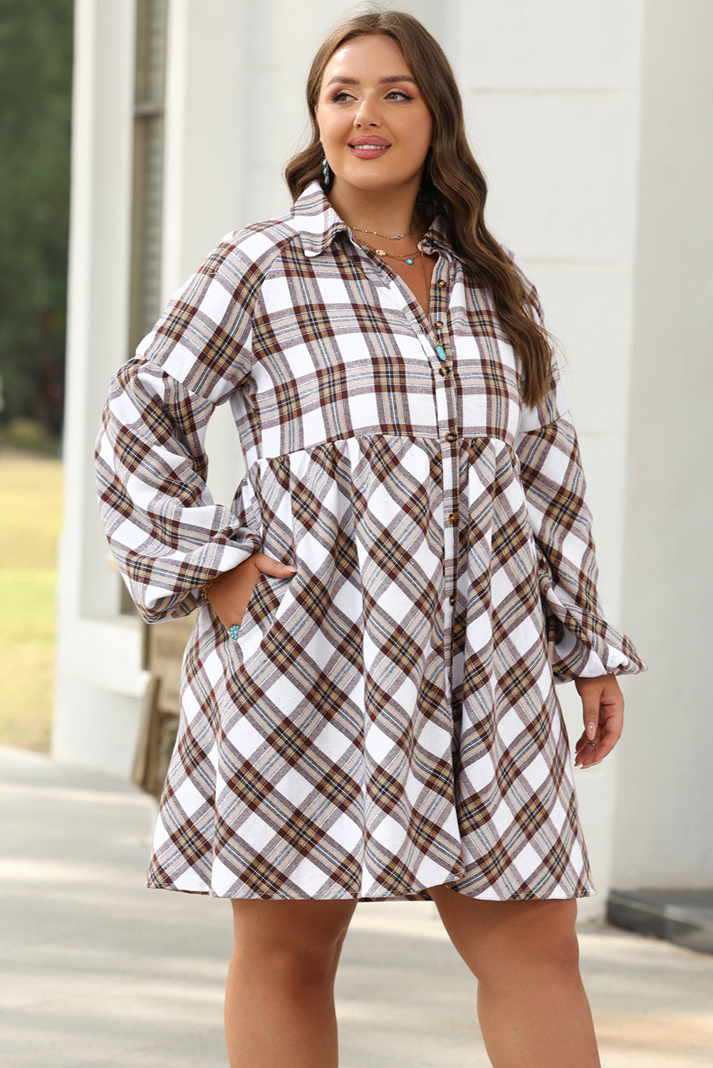 White Plaid Bubble Sleeve Flowy Shirt Dress