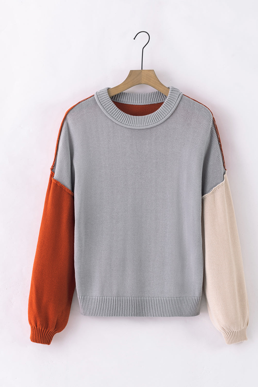 Gray Colorblock Bishop Sleeve Ribbed Trim Sweater