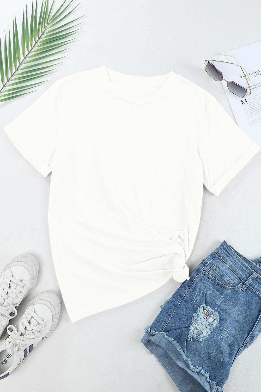 White Casual Plain Crew Neck Tee