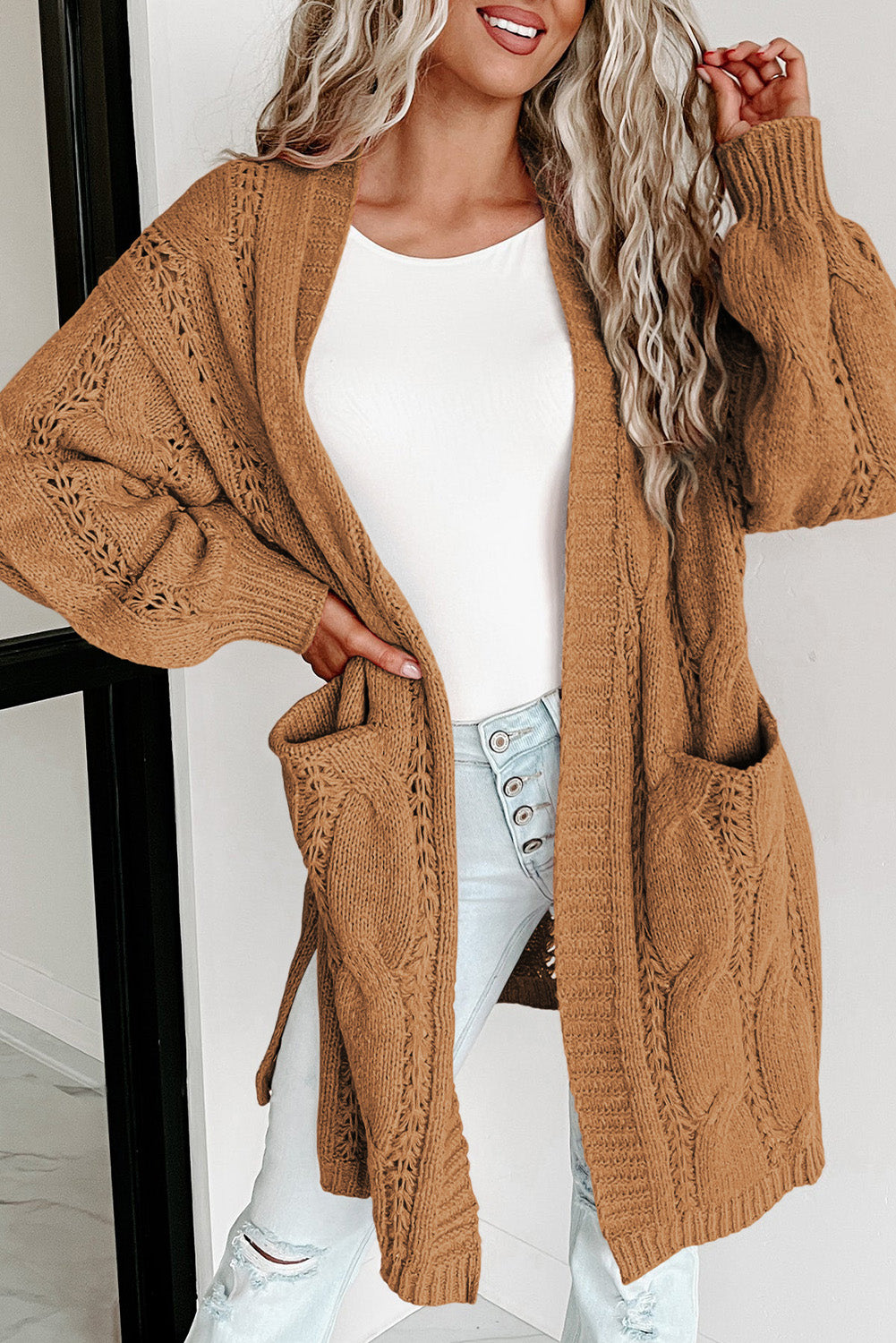 Khaki Ribbed Trim Eyelet Cable Knit Cardigan