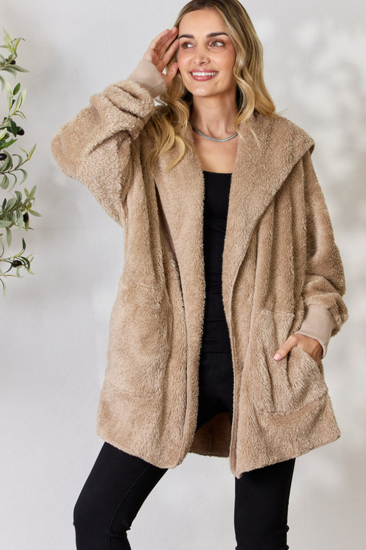 H&T Faux Fur Open Front Hooded Jacket