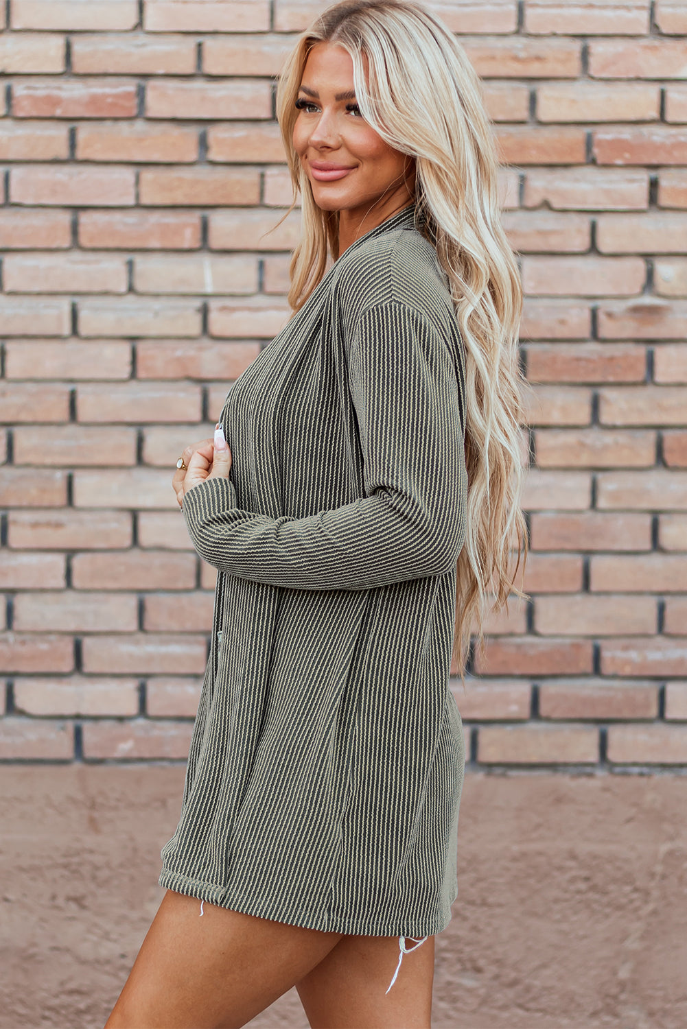 Moss Green Corded Open Front Knit Cardigan