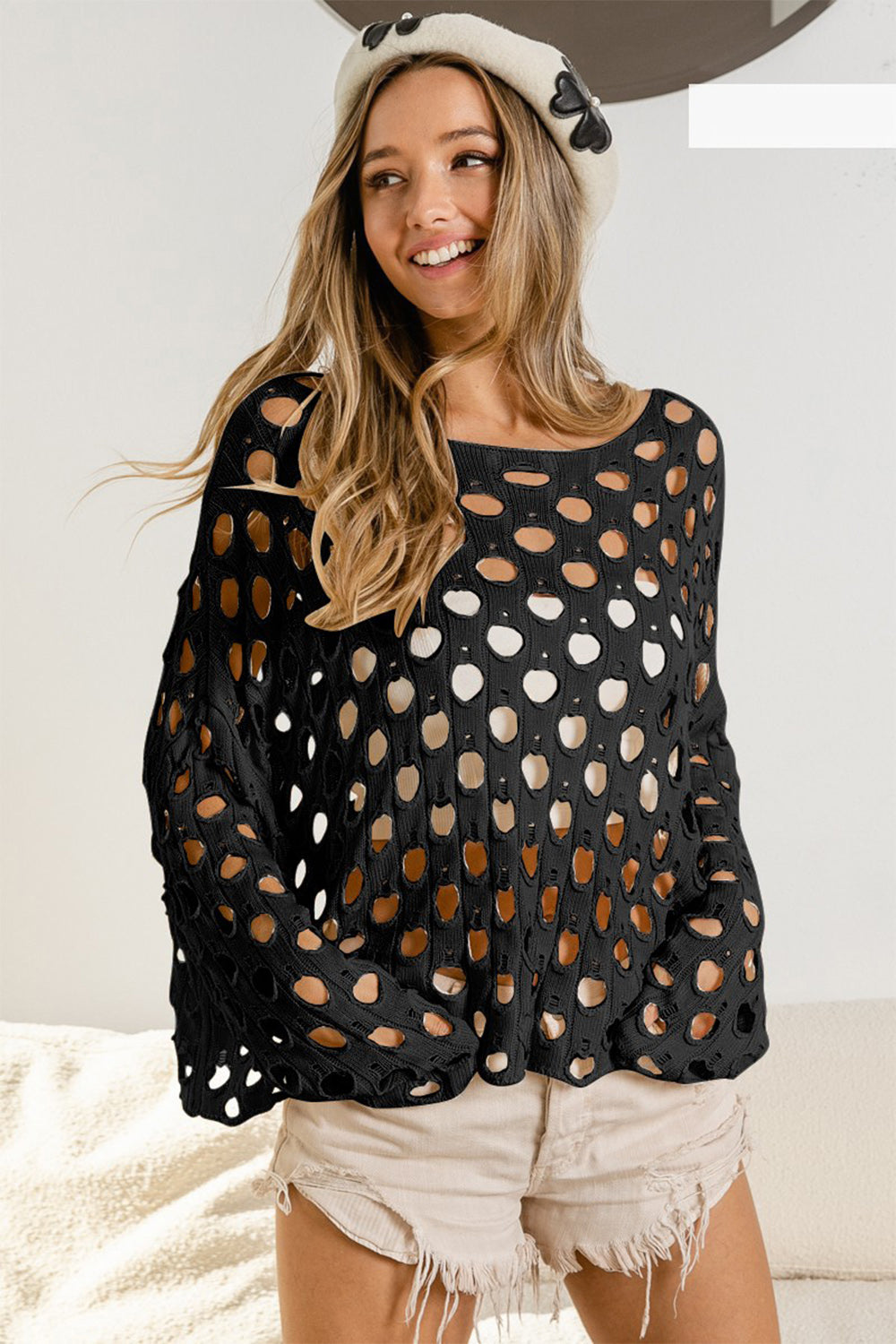 BiBi Hollowed Out Long Sleeve Knit Top