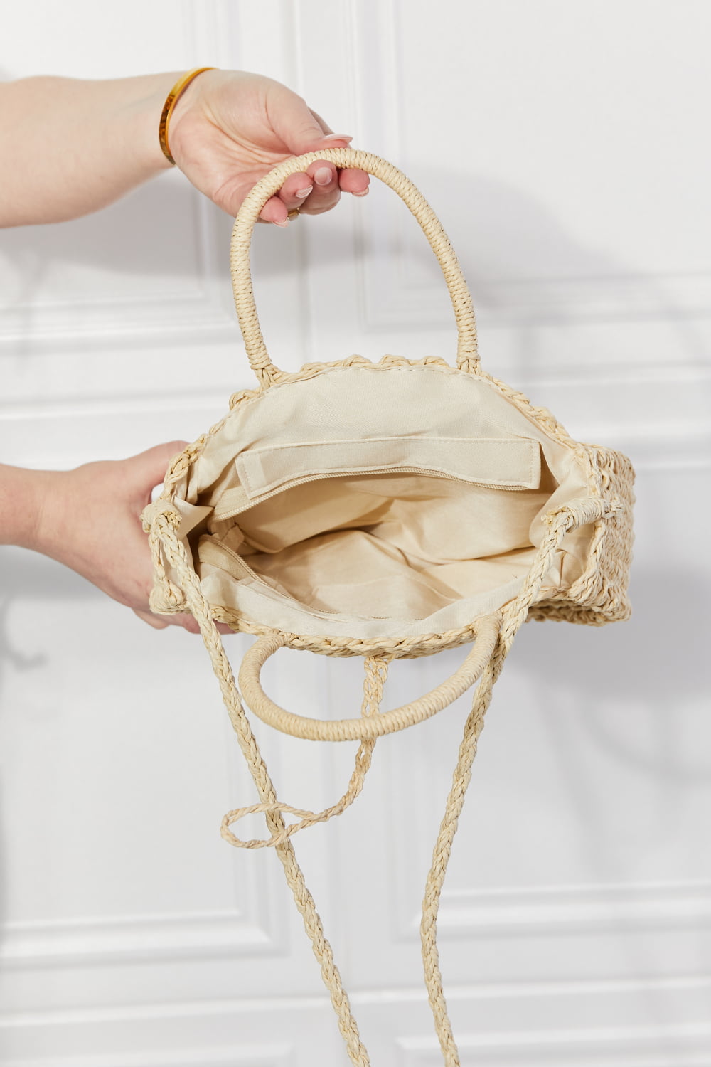 Justin Taylor Feeling Cute Rounded Rattan Handbag in Ivory