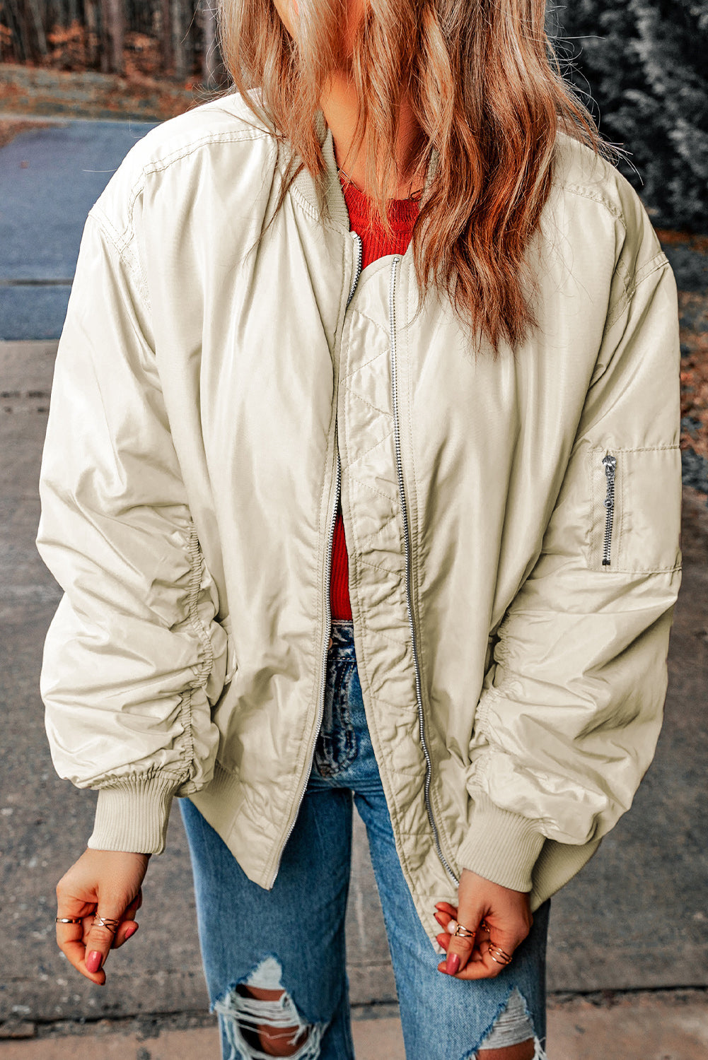 Apricot Solid Color Puffer Zipped Jacket