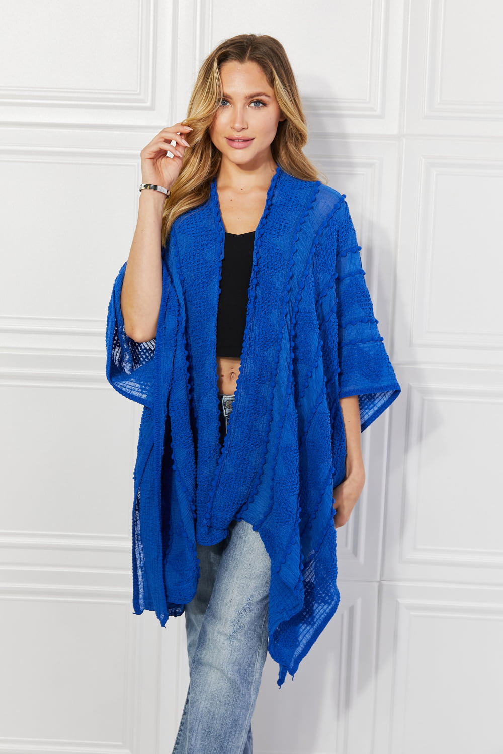 Justin Taylor Pom-Pom Asymmetrical Poncho Cardigan in Blue