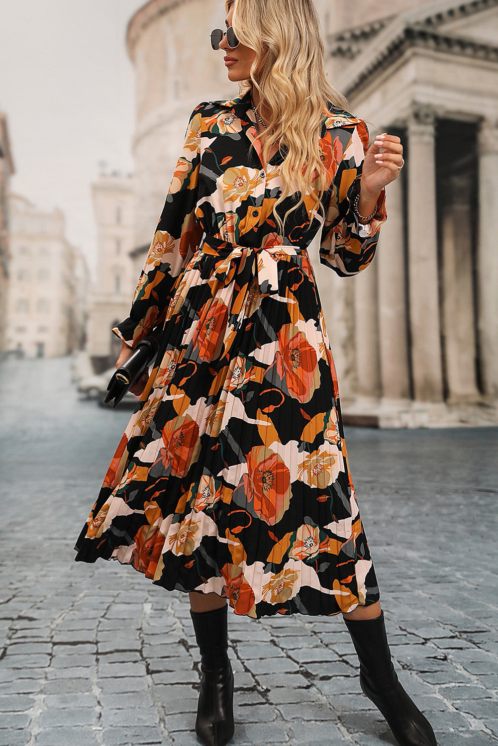 Multicolor Floral Print Waist Tie Pleated Midi Shirt Dress