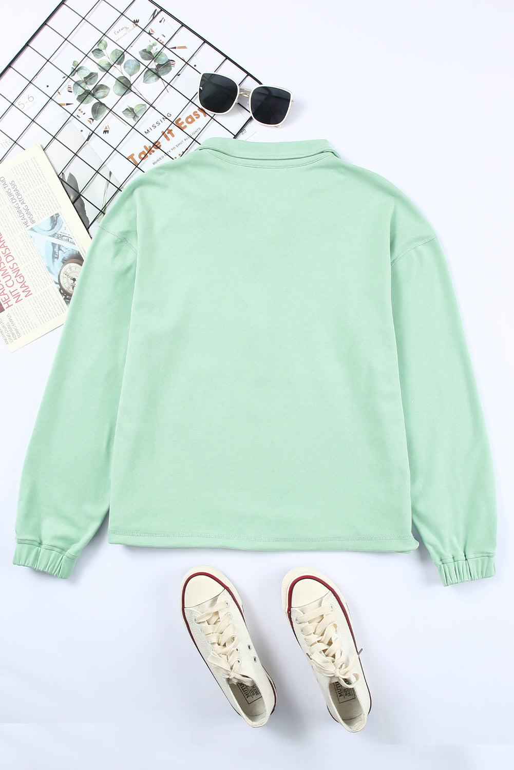 Green Zip Front Pocketed Pullover Sweatshirt